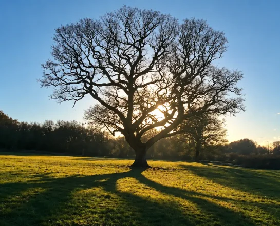 20_20_50 Large leafless tree silhouetted against the setting sun